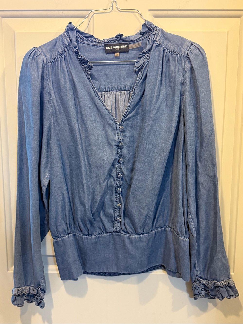 Karl Lagerfeld Chambray Blue Ruffled Button-Front Blouse